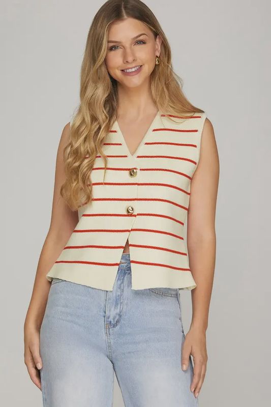 SLEEVELESS GOLD BUTTON STRIPED KNIT SWEATER