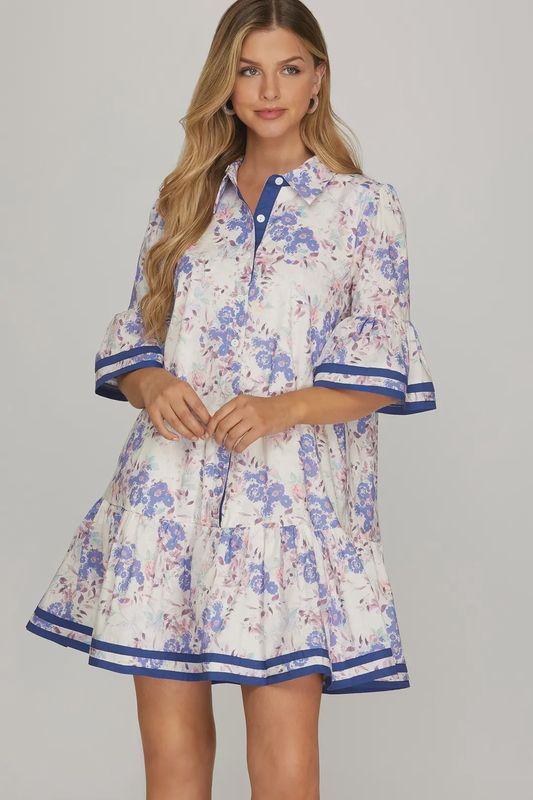 BELL SLEEVE BUTTON DOWN FLORAL PRINT MIN