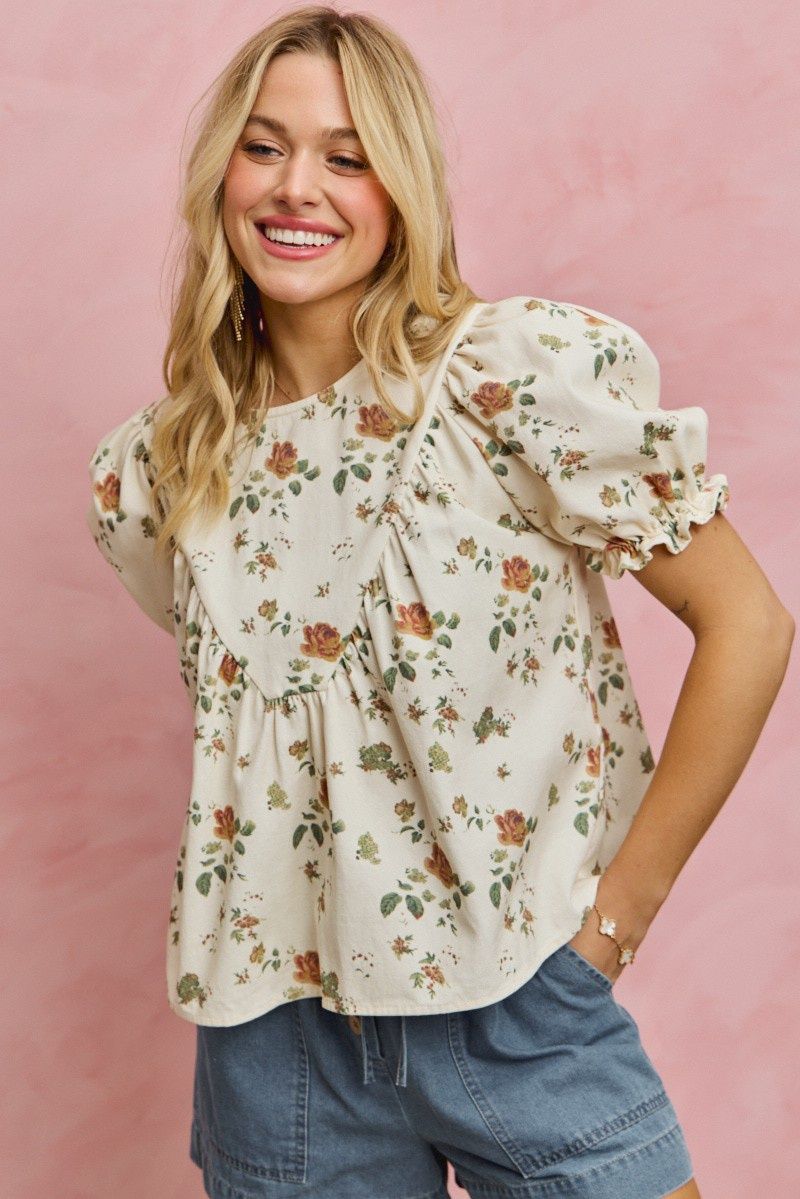 Floral Rose Print Denim Short Sleeves Top