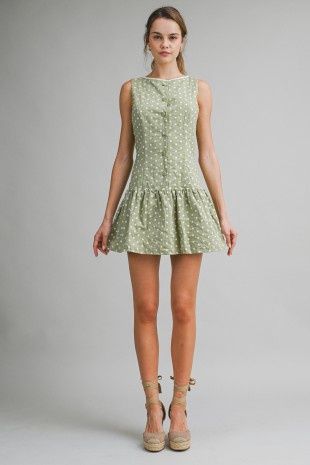 Sage Daisy Floral Mini Dress With Button Front