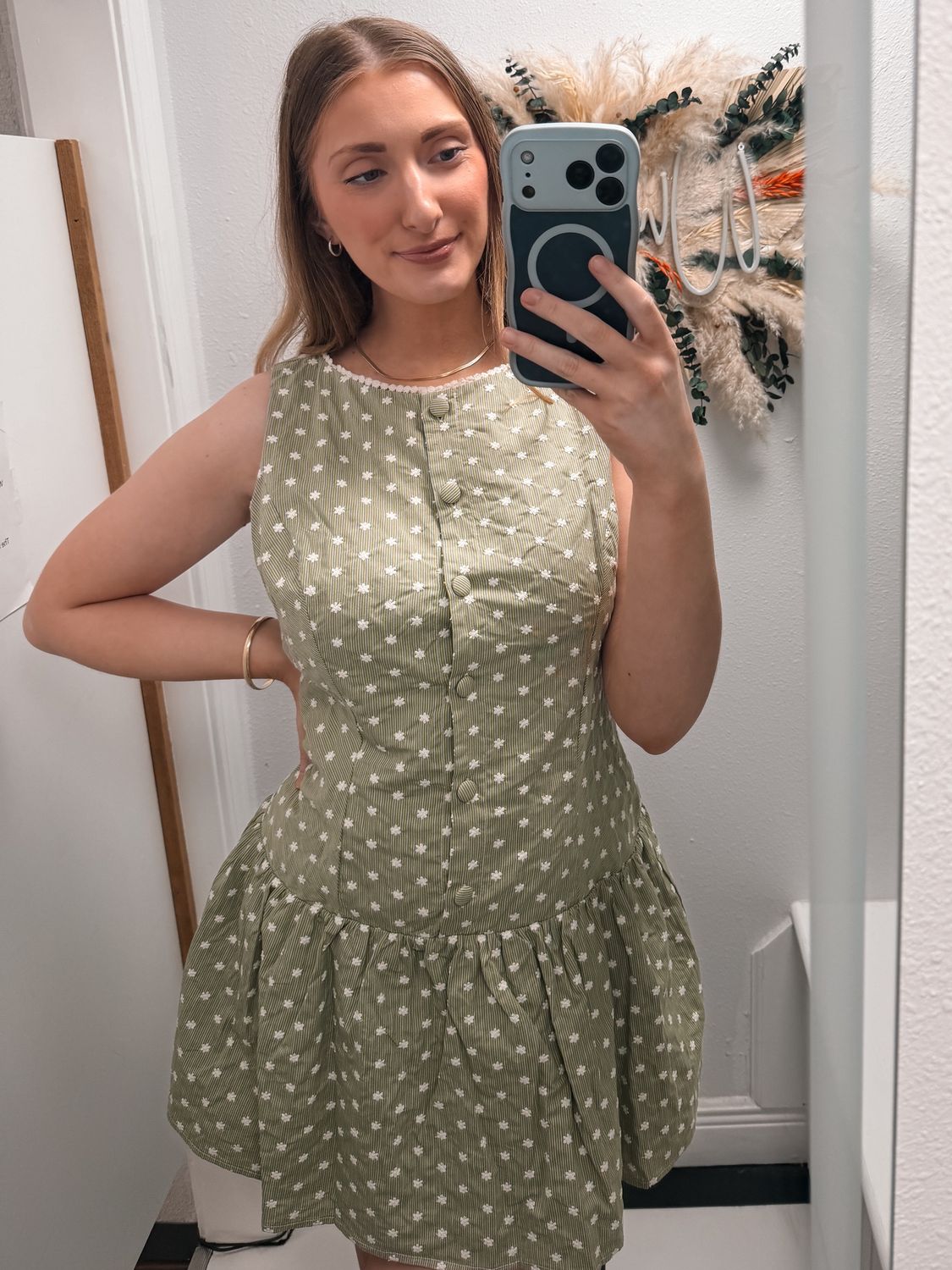 Sage Daisy Floral Mini Dress With Button Front