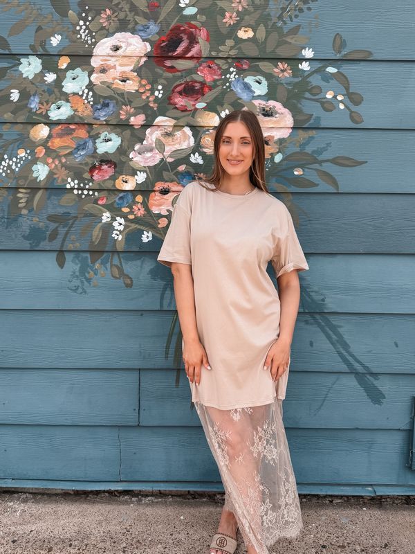 Floral Lace Patchwork T-Shirt Maxi Dress (Black, White &amp; Beige)