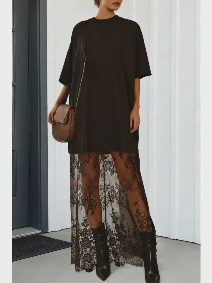 Floral Lace Patchwork T-Shirt Maxi Dress (Black, White &amp; Beige), Colour: black, Size: Small