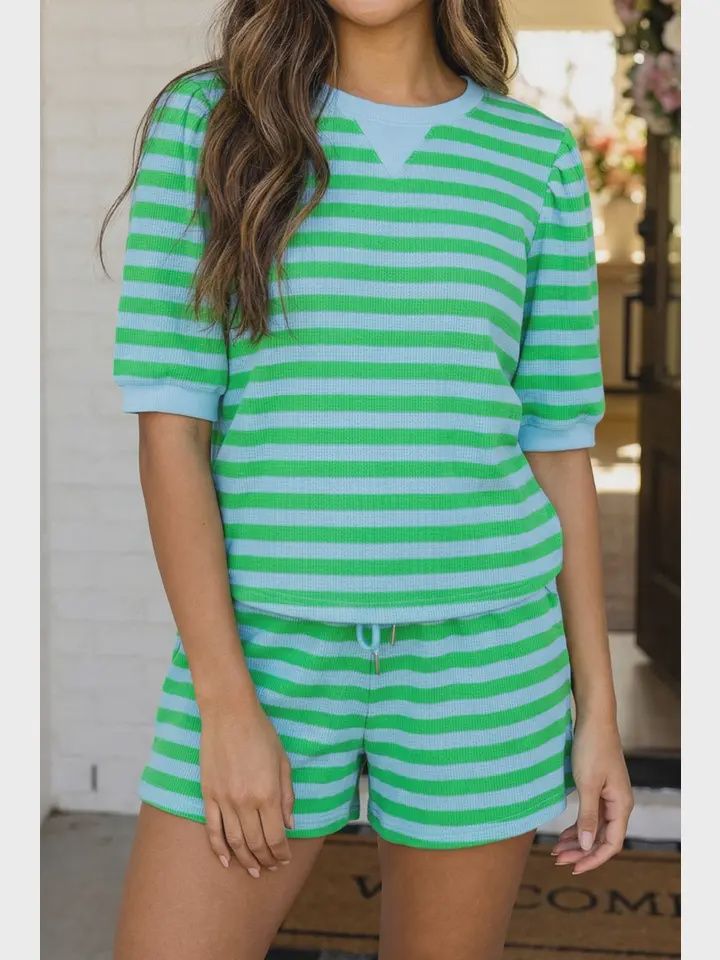 Stripe Puff Sleeve T Shirt Matching Shorts Set