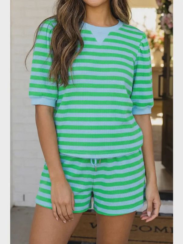 Stripe Puff Sleeve T Shirt Matching Shorts Set