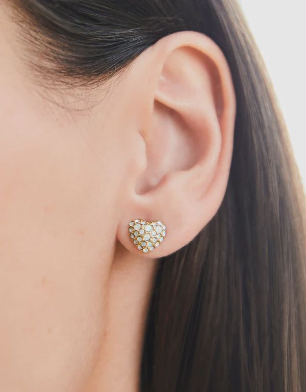 Sparkling Heart Stud Earrings White Opal