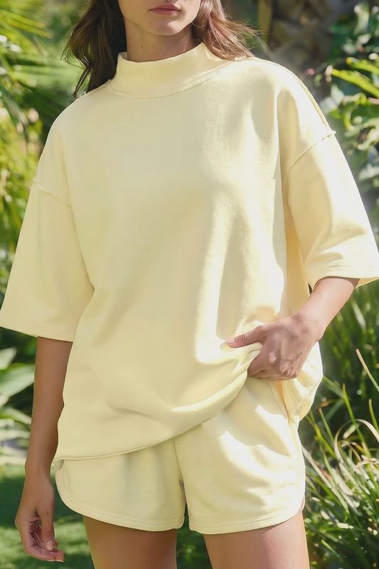 Solid Polyester Two-Piece Set High Neck Casual Outfit