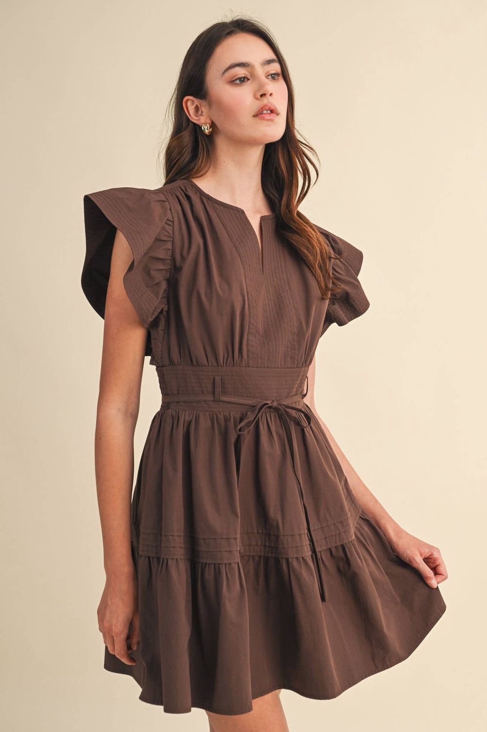 EMBROIDERED SEAM PIN TUCK DETAIL MINI DRESS, Color: COCOA BROWN, Size: S