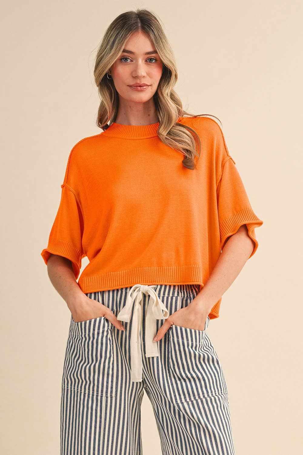 LIGHTWEIGHT KNIT MOCK NECK SHORT SLEEVE SWEATER, Color: Orange, Size: M