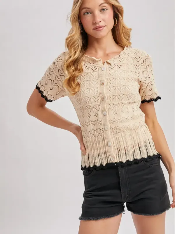Scalloped Lace Knit Button-Front Top