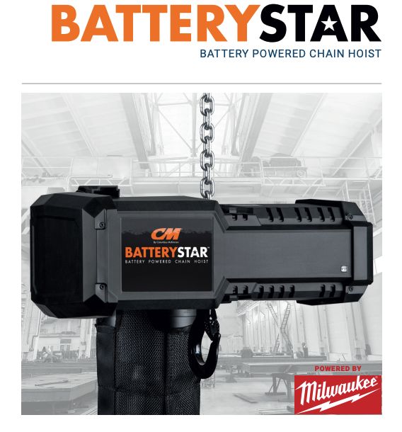 CM BATTERYSTAR 1 TON CHAIN HOIST W/ BATTERY & CHARGER SWIVEL LATCH  TYPE