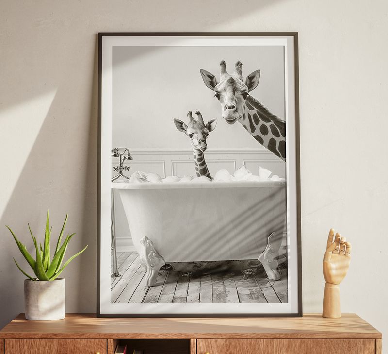 2 Giraffes in the bath Wall Art Print A3/A4/A5 High Quality | Wall Art for Framing | Wall art for Bathroom | Wall Art Poster | Wall art for Toilet | Black and white Wall art Print