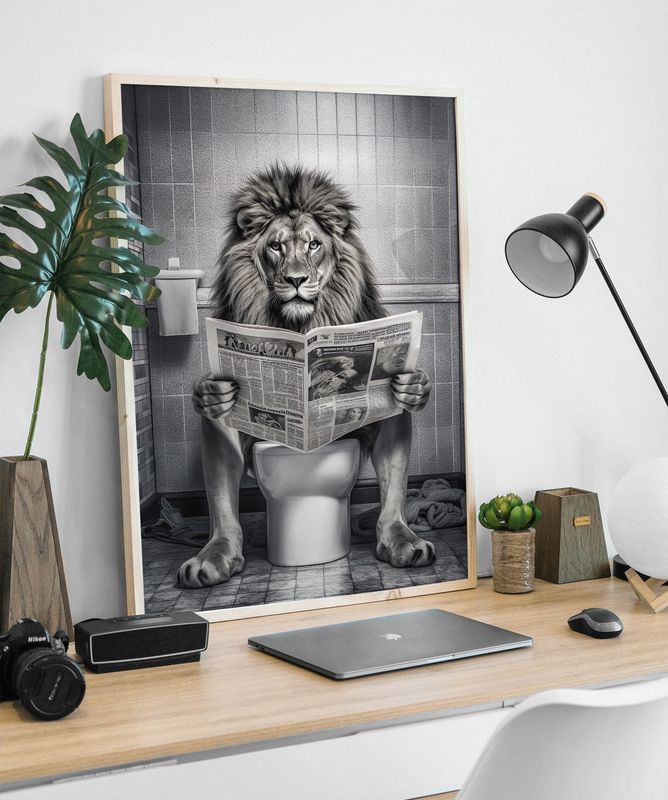 Lion on the Toilet Wall Art Print A3/A4/A5 High Quality | Wall Art for Framing | Wall art for Bathroom | Wall Art Poster | Wall art for Toilet | Black and white Wall art Print