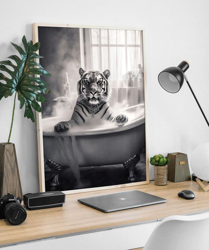 Tiger (Steamy) in the bath Wall Art Print A3/A4 High Quality | Wall Art for Framing | Wall art for Bathroom | Wall Art Poster | Wall art for Toilet | Black and white Wall art Print