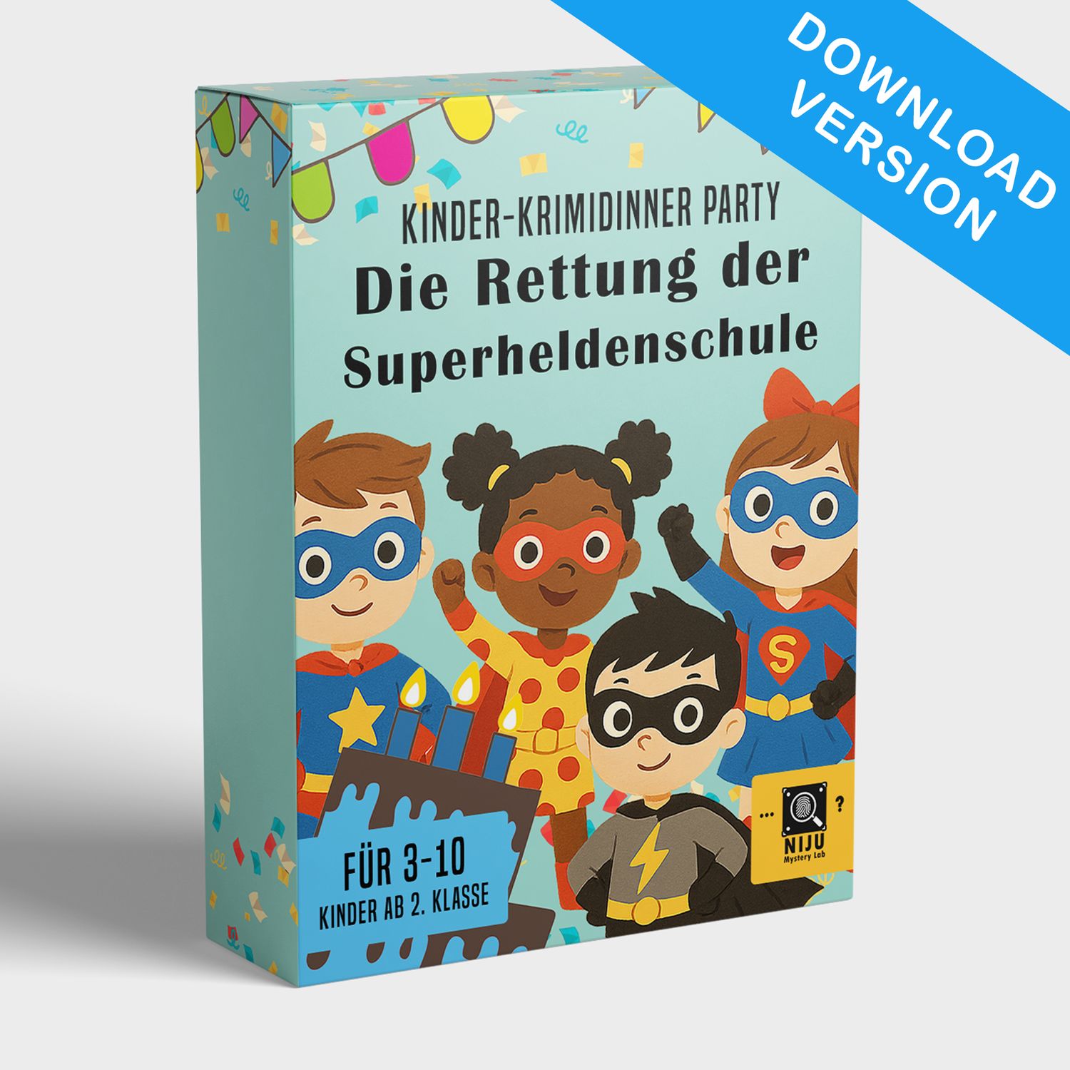 Kinder Krimidinner Spiel für Zuhause - Die Rettung der Superheldenschule | Das Kindergeburtstag Krimi Spiel für 3-10 Kinder ab 8 Jahren und 2. Klasse | zum Herunterladen