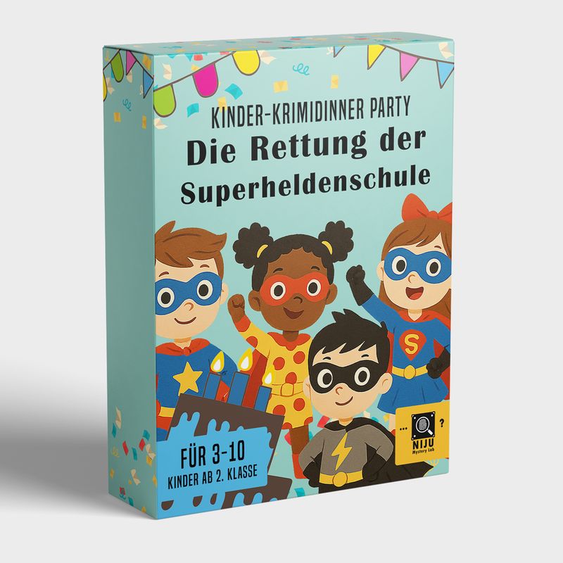 Kinder Krimidinner Spiel für Zuhause - Die Rettung der Superheldenschule | Das Kindergeburtstag Krimi Spiel für 3-10 Kinder ab 8 Jahren und 2. Klasse | zum Herunterladen