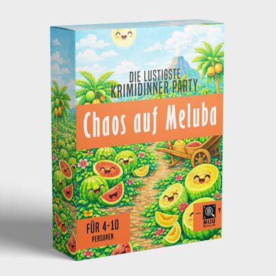 Das lustigste Krimidinner Spiel für Zuhause - Chaos auf Meluba | Krimi Partyspiel für 4-10 Personen | zum Herunterladen