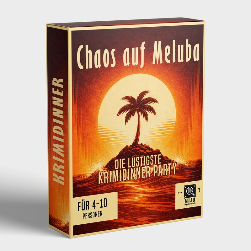 Das lustigste Krimidinner Spiel für Zuhause - Chaos auf Meluba | Krimi Partyspiel für 4-10 Personen | zum Herunterladen