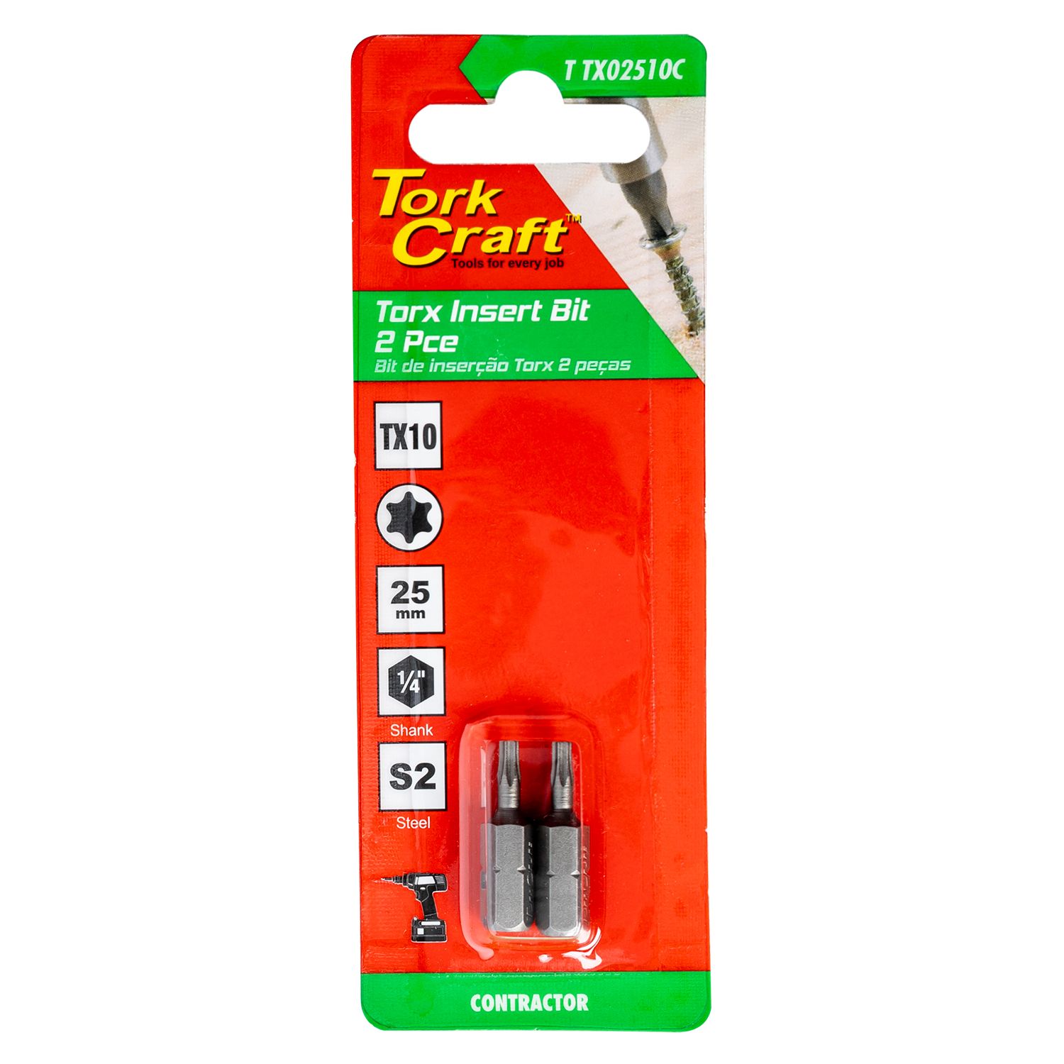 TORX TX 10 CLASSIC INSERT BIT 25MM 2PC CARDED