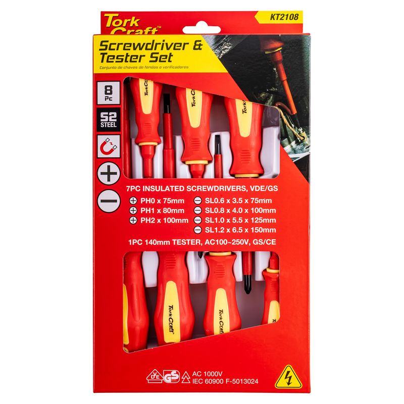 8PC SCREWDRIVER &amp; TESTER SET ELECTRICIANS INSULATED VDE