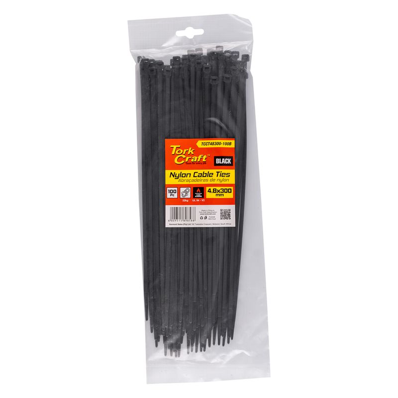 NYLON CABLE TIES 4.8MM X 300MM BLACK 100PC