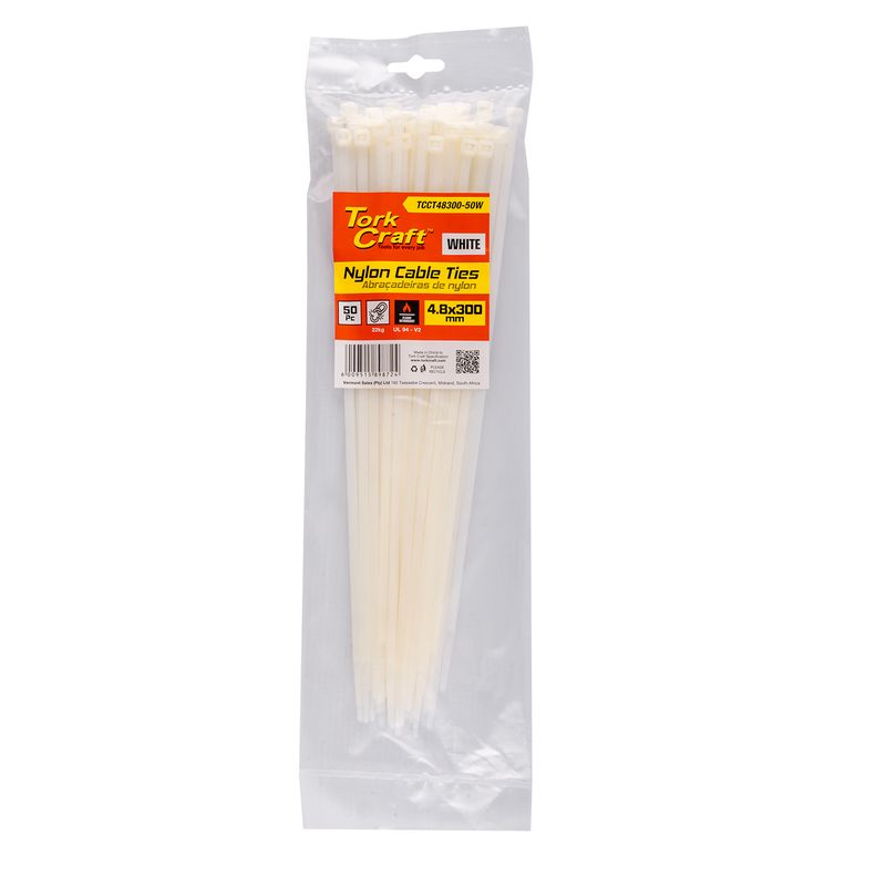 NYLON CABLE TIES 4.8MM X 300MM WHITE 50PC