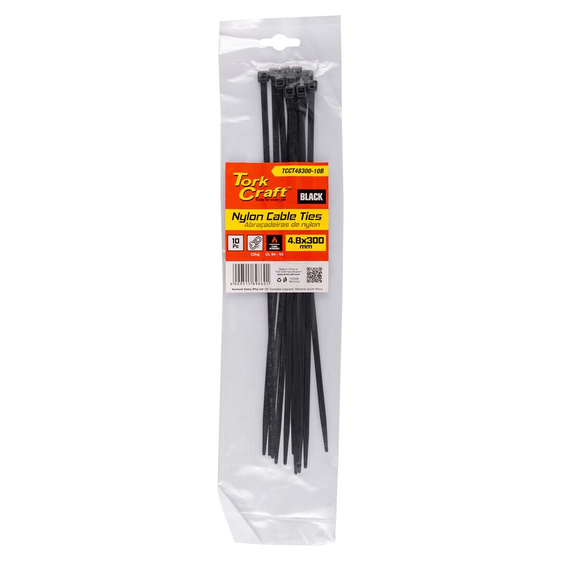 NYLON CABLE TIES 4.8MM X 300MM BLACK 10PC