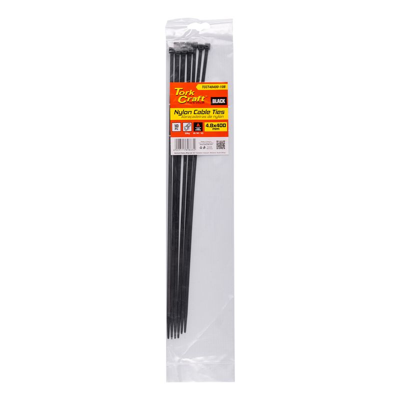 NYLON CABLE TIES 4.8MM X 400MM BLACK 10PC