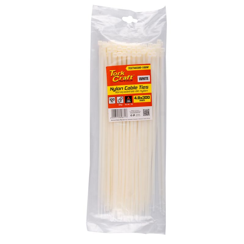 NYLON CABLE TIES 4.8MM X 300MM WHITE 100PC
