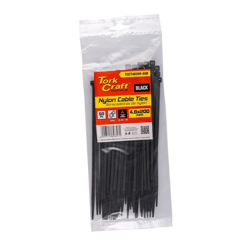 NYLON CABLE TIES 4.8MM X 200MM BLACK 50PC
