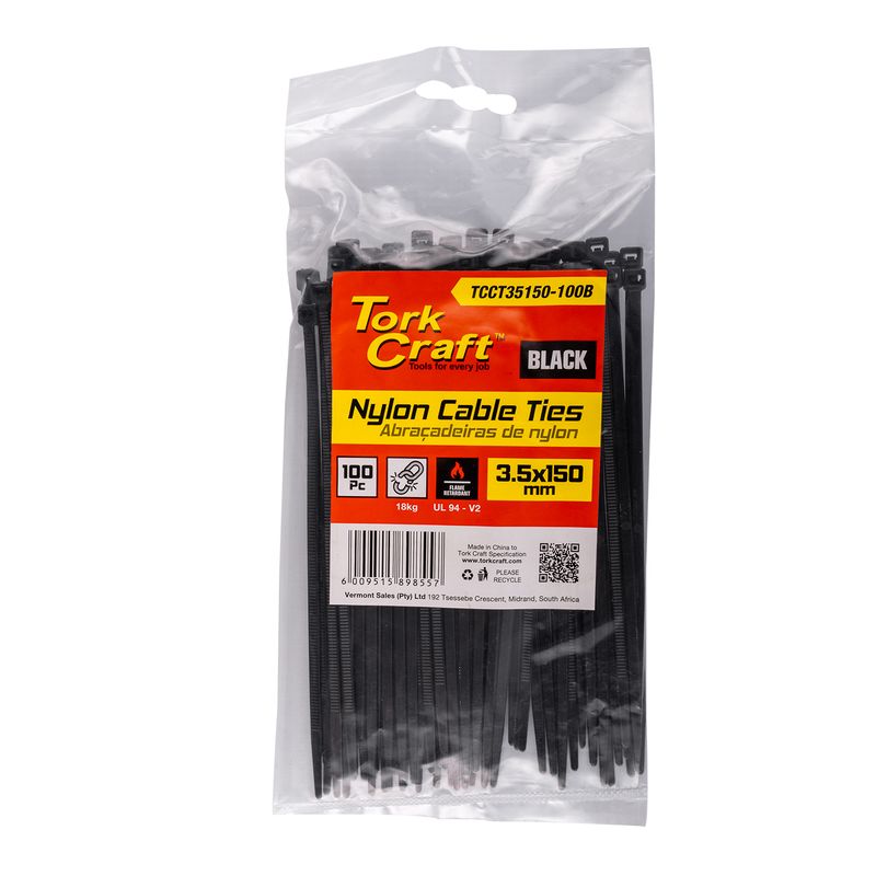 NYLON CABLE TIES 3.5MM x 150MM BLACK 100PC