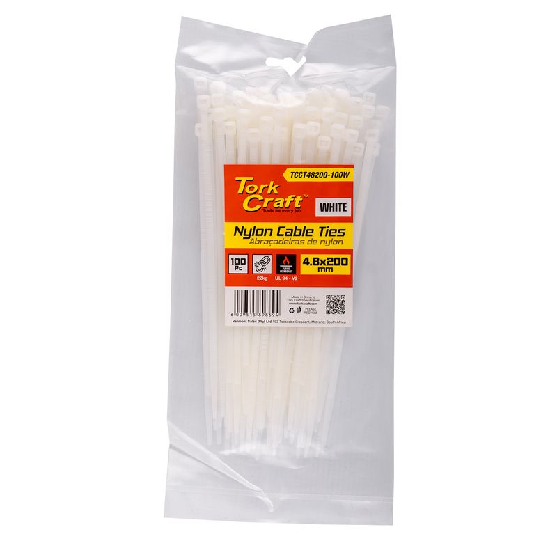 NYLON CABLE TIES 4.8MM X 200MM WHITE 100PC