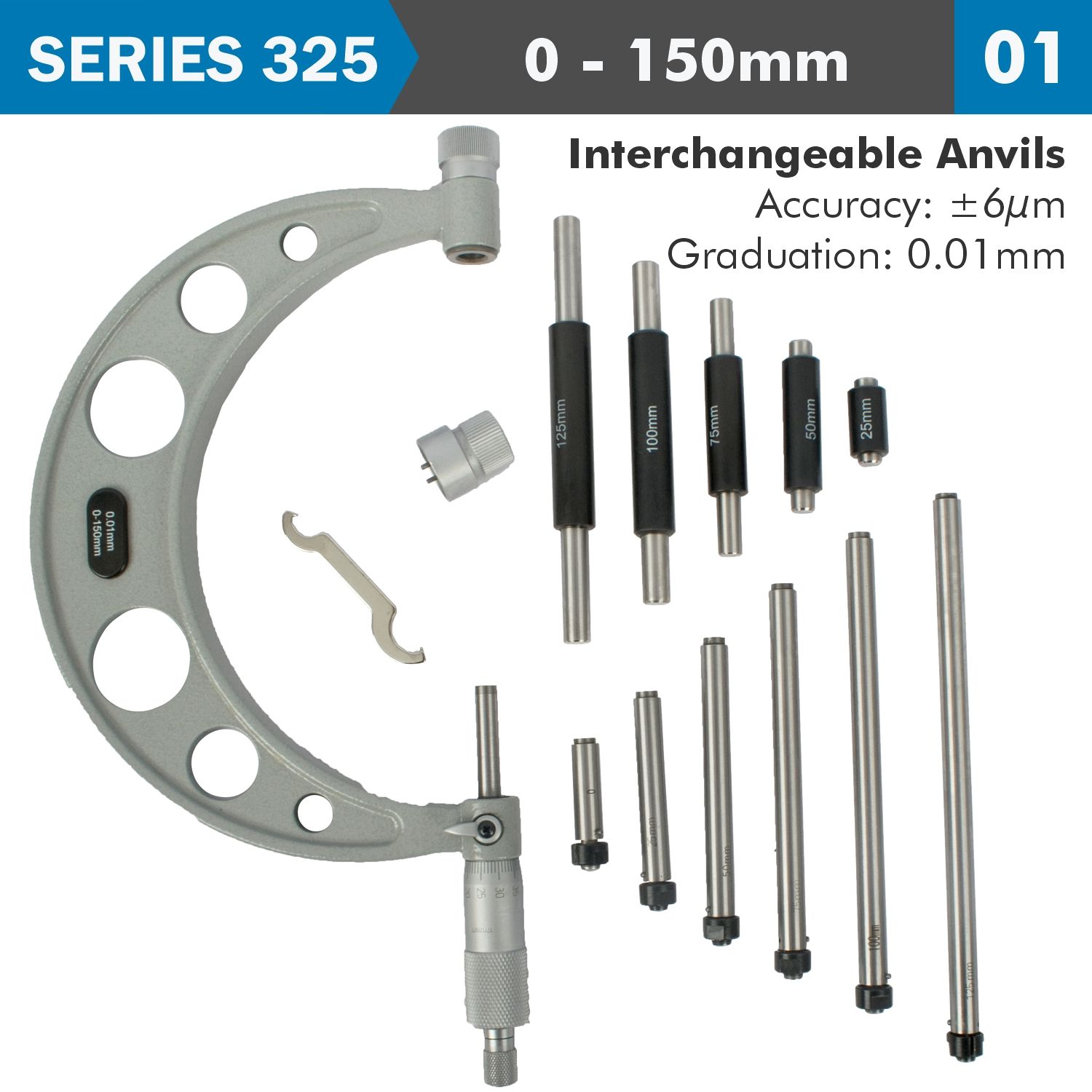 OUTSIDE MICROMETER 150MM 0.004MM ACC. 0.01MM GRAD. WITH INTERCH. ANVIL