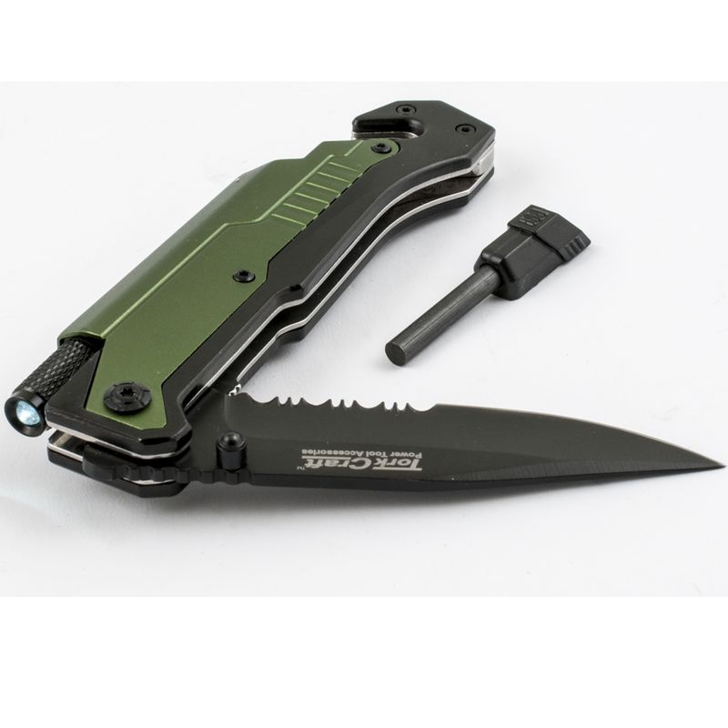 KNIFE SURVIVAL GREEN WITH LED LIGHT &amp; FIRE STARTER IN DOUBLE BLISTER