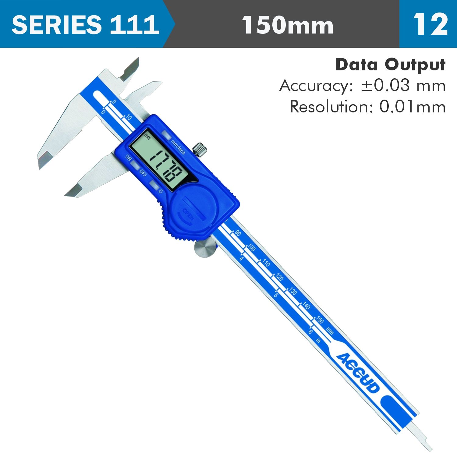 DIG. CALIPER 150MM 0.03MM ACC. S/STEEL 0.01MM RES.