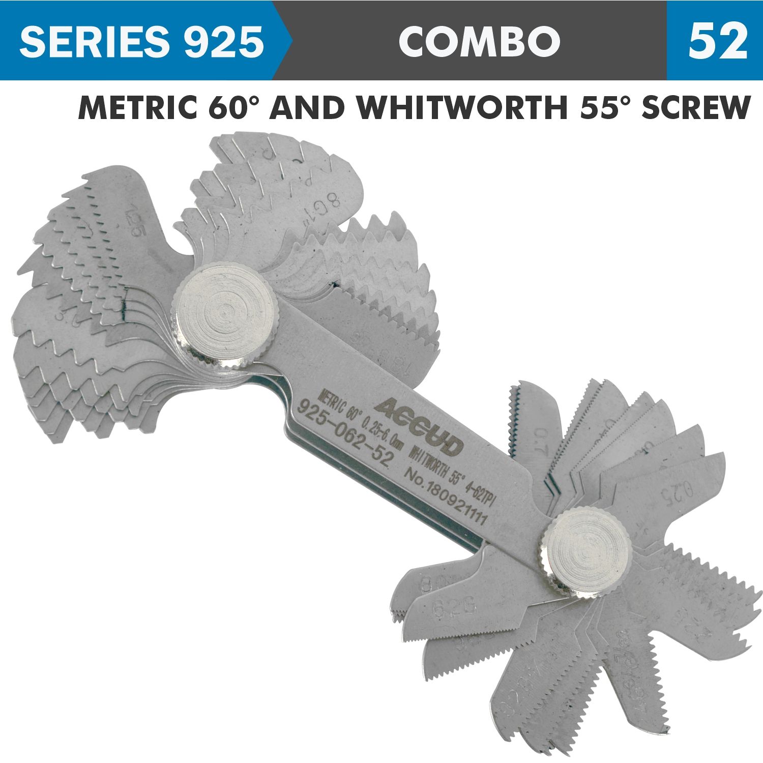 PITCH GAUGE METRIC 0.25-6MM &amp; 4-62TPI 52 LEAVES 60DEG. AND WHITWORTH 5