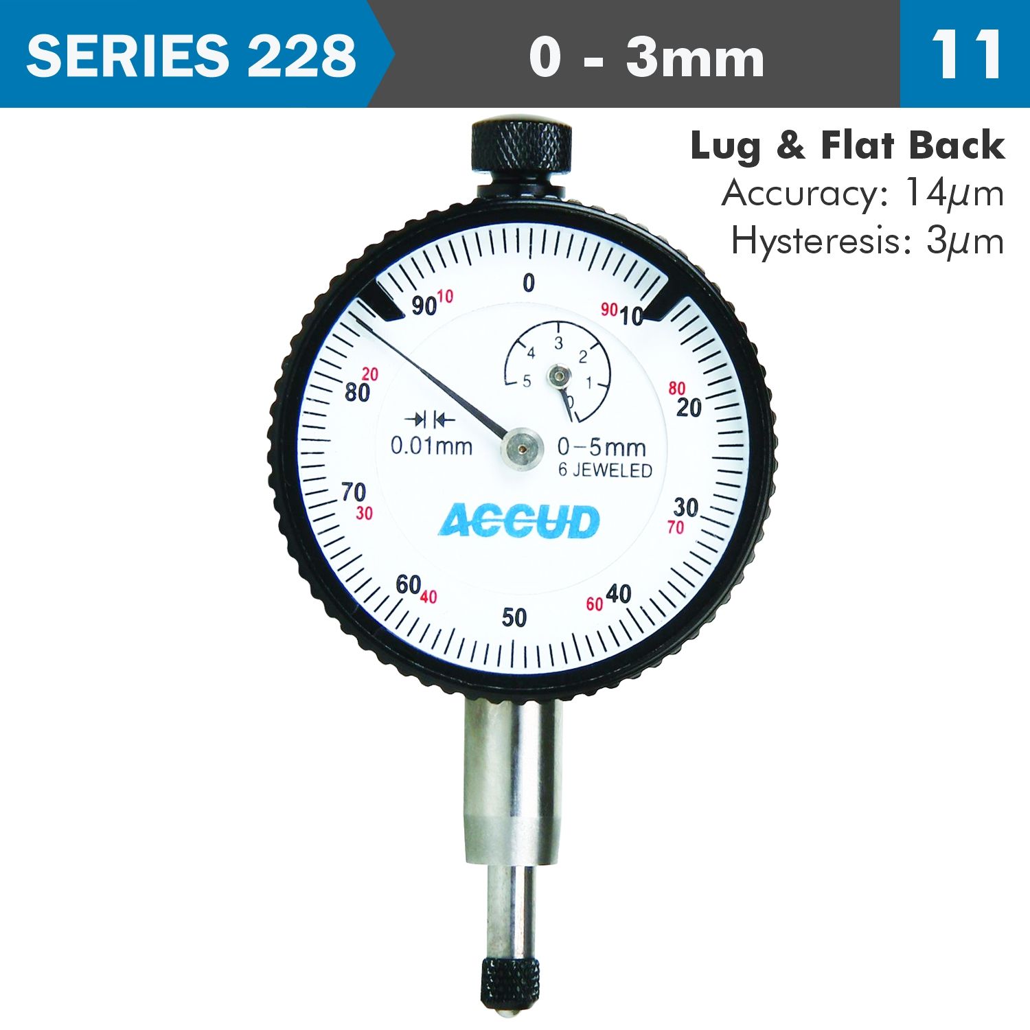 DIAL INDICATOR 3MM BEZEL 0.01MM GRAD. LUG&amp;FLAT BACK