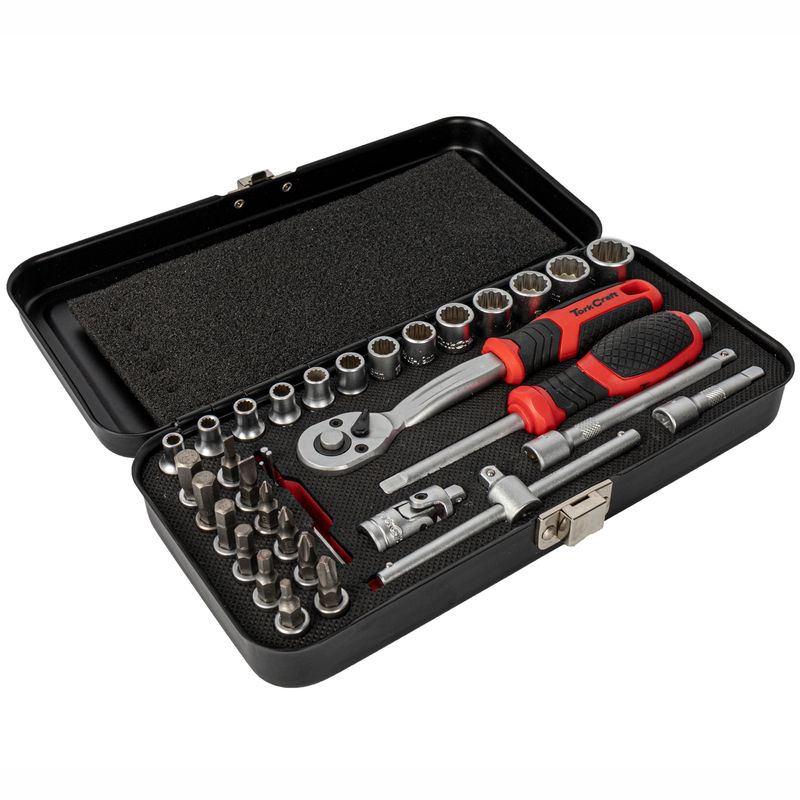SOCKET &amp; RATCHET SET 34PC 1/4&#39; DR CRV 12 POINT METAL CASE