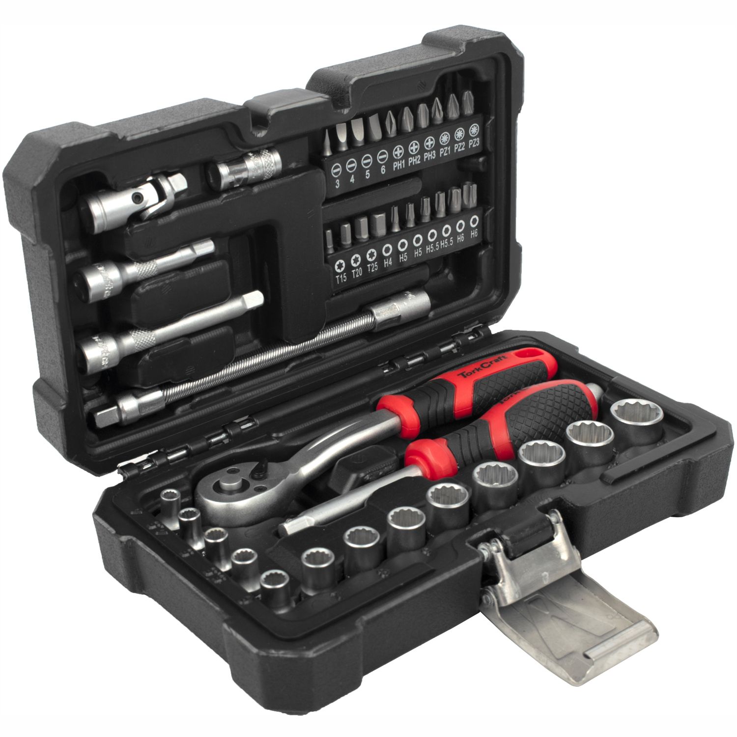 SOCKET &amp; RATCHET DRIVE SET 40PC 1/4&#39; CRV 12 POINT 4 4.5 5 5.5 6-14MM