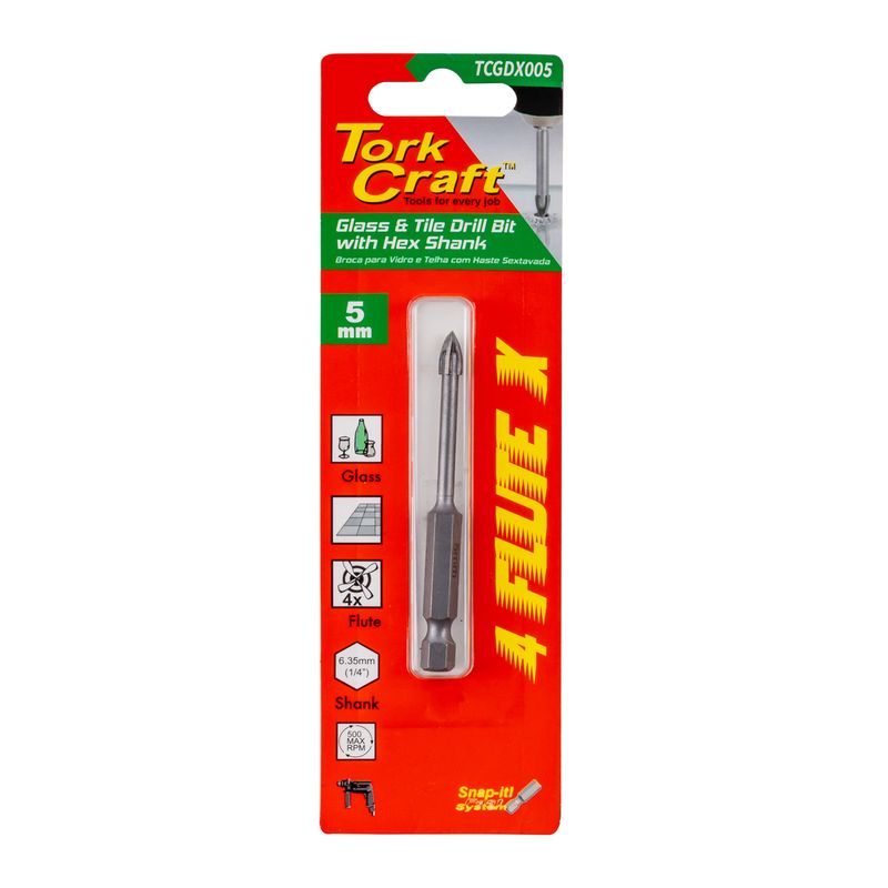GLASS &amp; TILE DRILL 5MM 4 FLUTE WITH HEX SHANK