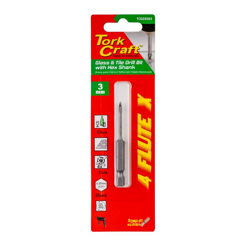 GLASS &amp; TILE DRILL 3MM 4 FLUTE WITH HEX SHANK