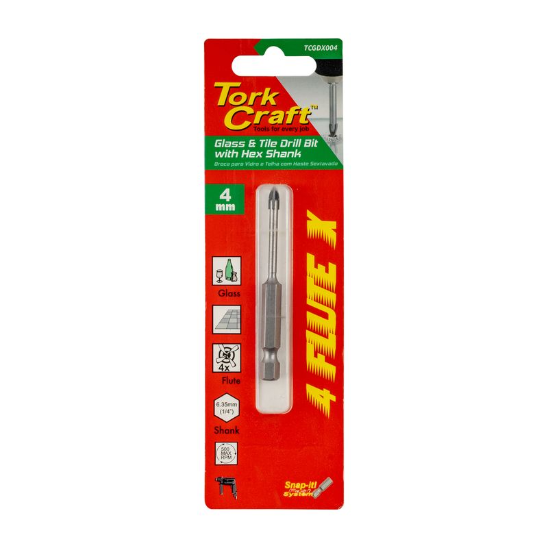 GLASS &amp; TILE DRILL 4MM 4 FLUTE WITH HEX SHANK