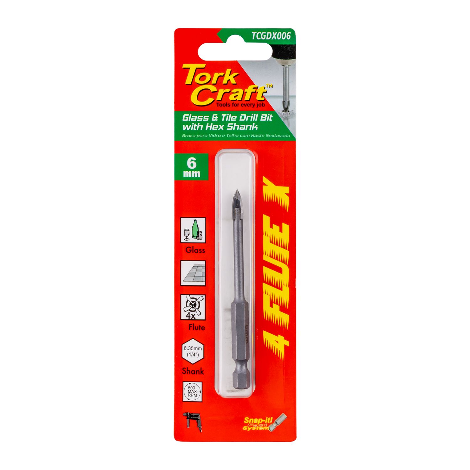 GLASS &amp; TILE DRILL 6MM 4 FLUTE WITH HEX SHANK