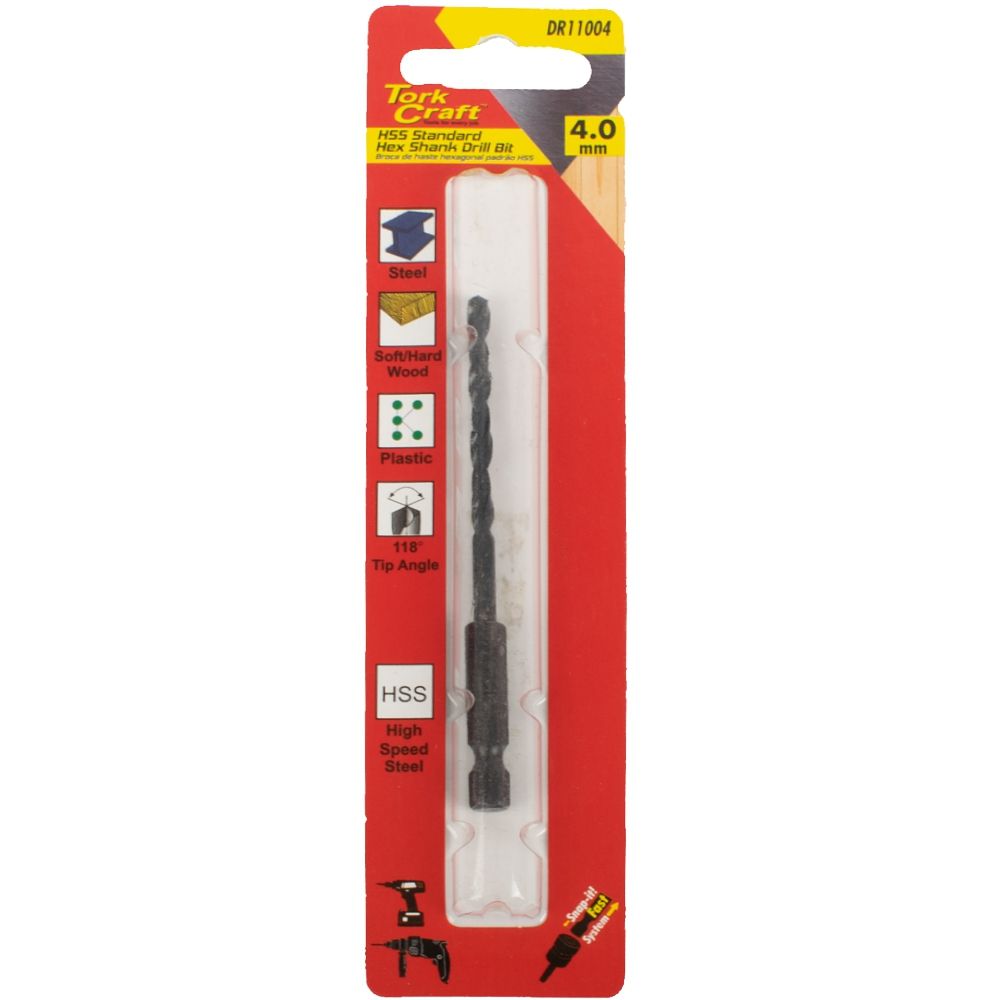 DRILL BIT HSS STANDARD 4.0MM HEX SHANK 1/CARD