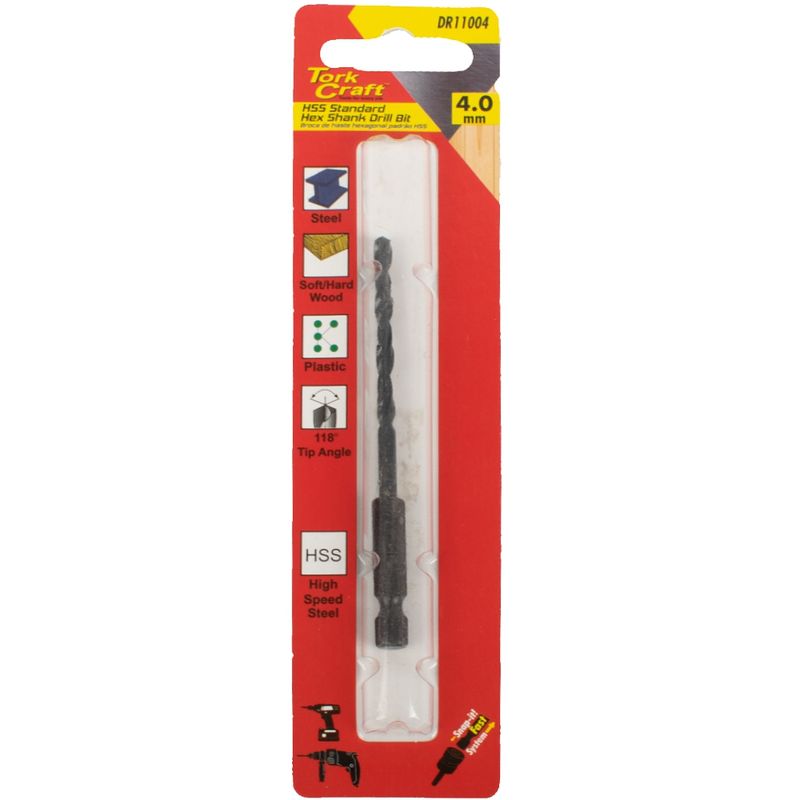 DRILL BIT HSS STANDARD 4.0MM HEX SHANK 1/CARD