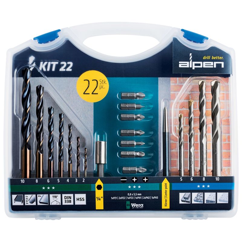 DRILL AND SCREWDRIVER BIT SET 22 PIECE IN CARRY CASE STEEL &amp; MASONRY