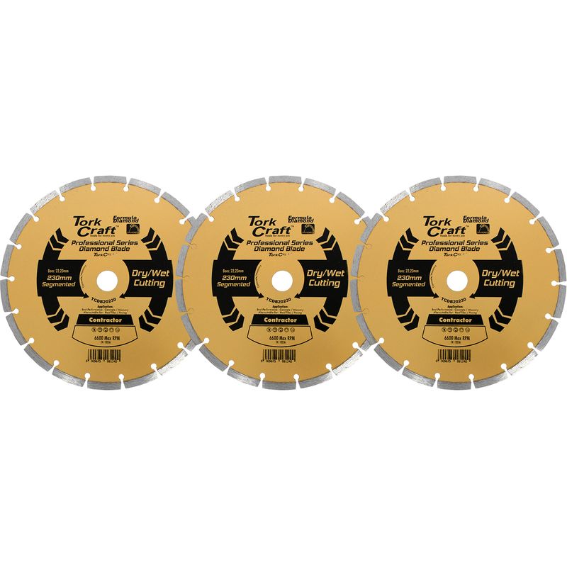 DIAMOND BLADE 230MM SEGMENTED PROFESIONAL BULK 3 PACK SHRINK