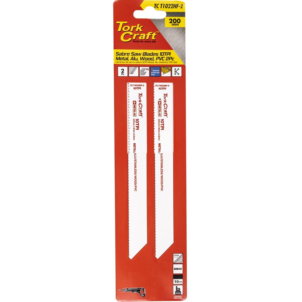 SABRE SAW BLADE 200 X 2.5MM 10TPI WOOD, METAL, PVC,Al 2PC
