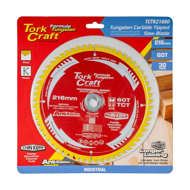 TCT SAW BLADE 216MM X 2.0MM X 30MM X 60T WOOD THIN KERF