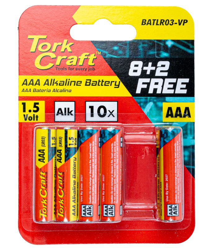 BATTERY AAA 1.5V VALUE PACK 10 PACK 8 + 2 FREE CARDED ALKALINE